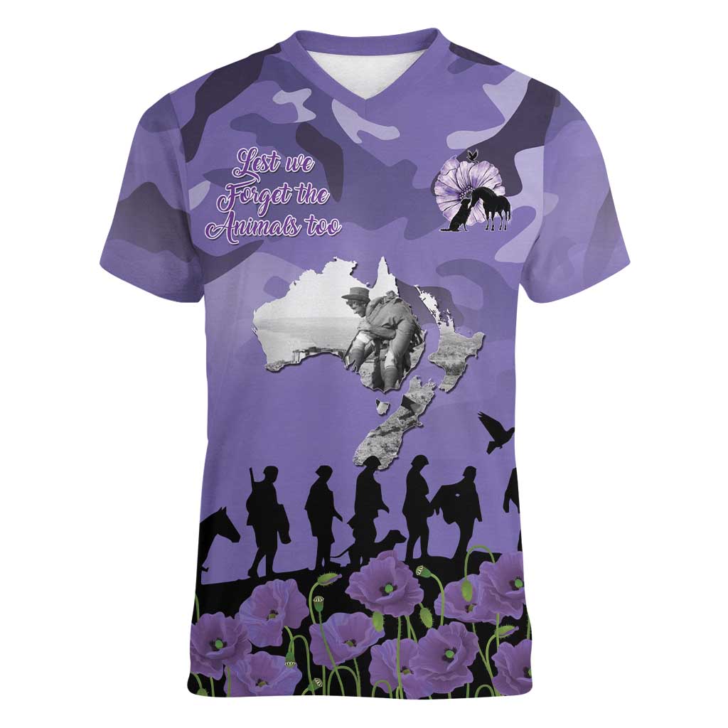 ANZAC Day Women V-Neck T-Shirt Lest We Forget the Animals Too