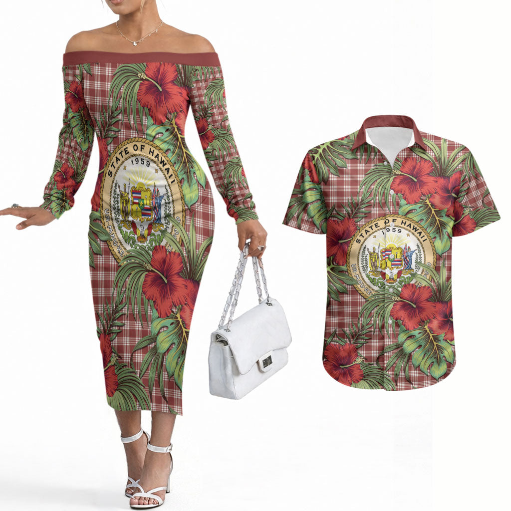 Vintage Hawaii Hibiscus Palaka Couples Matching Off The Shoulder Long Sleeve Dress and Hawaiian Shirt Red Color LT19 Red - Polynesian Pride