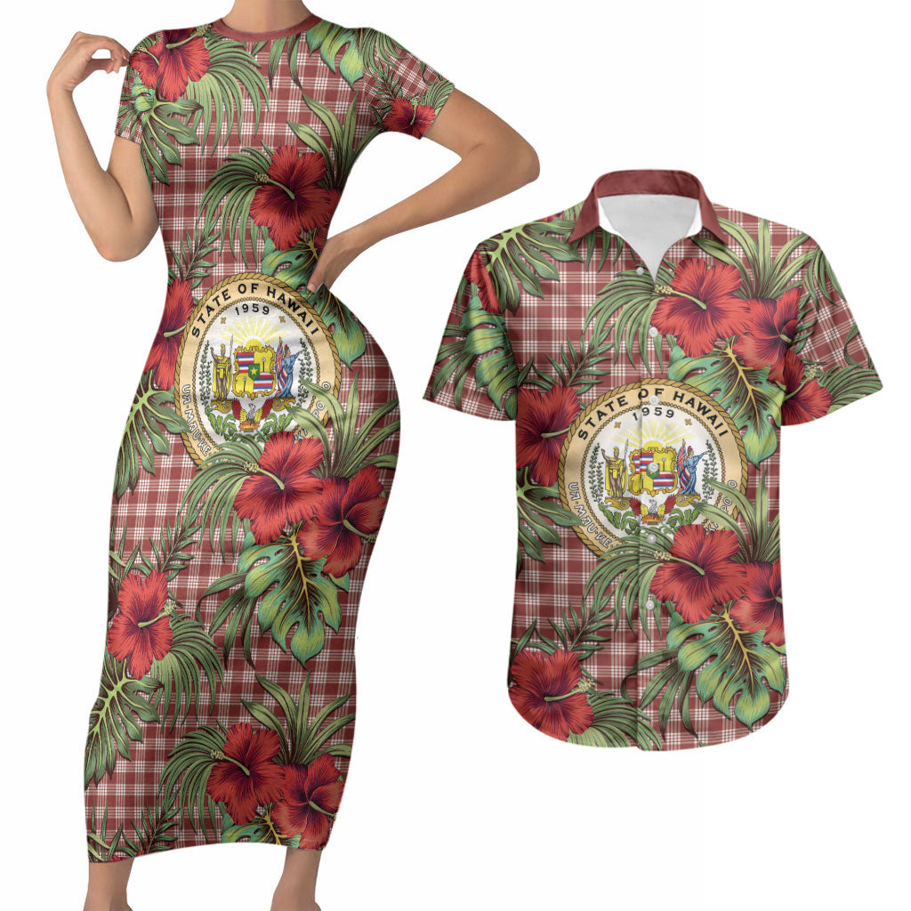 Vintage Hawaii Hibiscus Palaka Couples Matching Short Sleeve Bodycon Dress and Hawaiian Shirt Red Color LT19 Red - Polynesian Pride