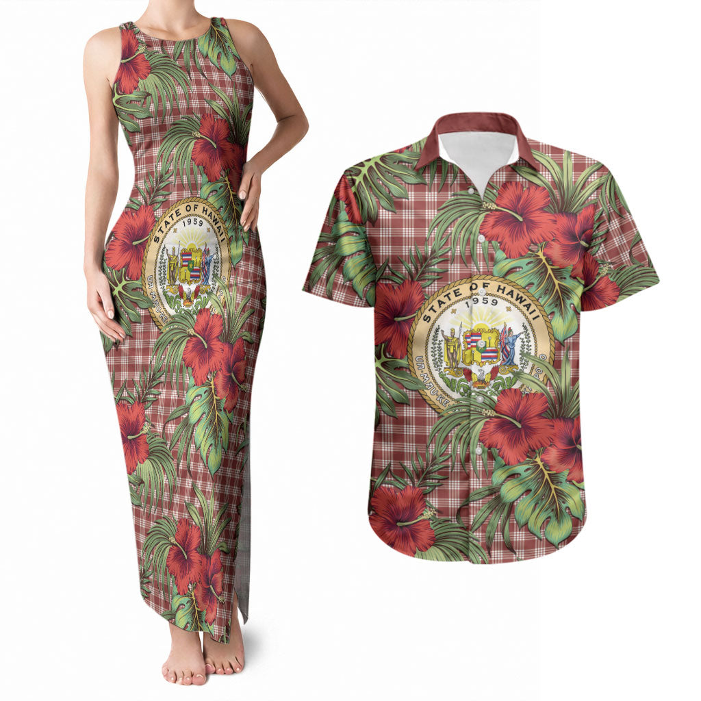 Vintage Hawaii Hibiscus Palaka Couples Matching Tank Maxi Dress and Hawaiian Shirt Red Color LT19 Red - Polynesian Pride