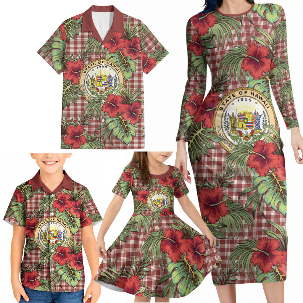 Vintage Hawaii Hibiscus Palaka Family Matching Long Sleeve Bodycon Dress and Hawaiian Shirt Red Color LT19 - Polynesian Pride