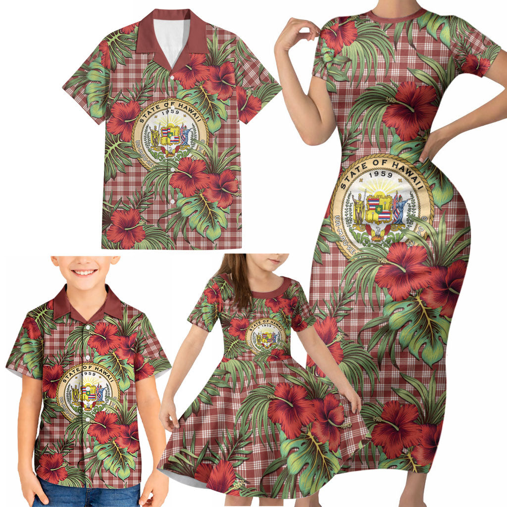 Vintage Hawaii Hibiscus Palaka Family Matching Short Sleeve Bodycon Dress and Hawaiian Shirt Red Color LT19 - Polynesian Pride