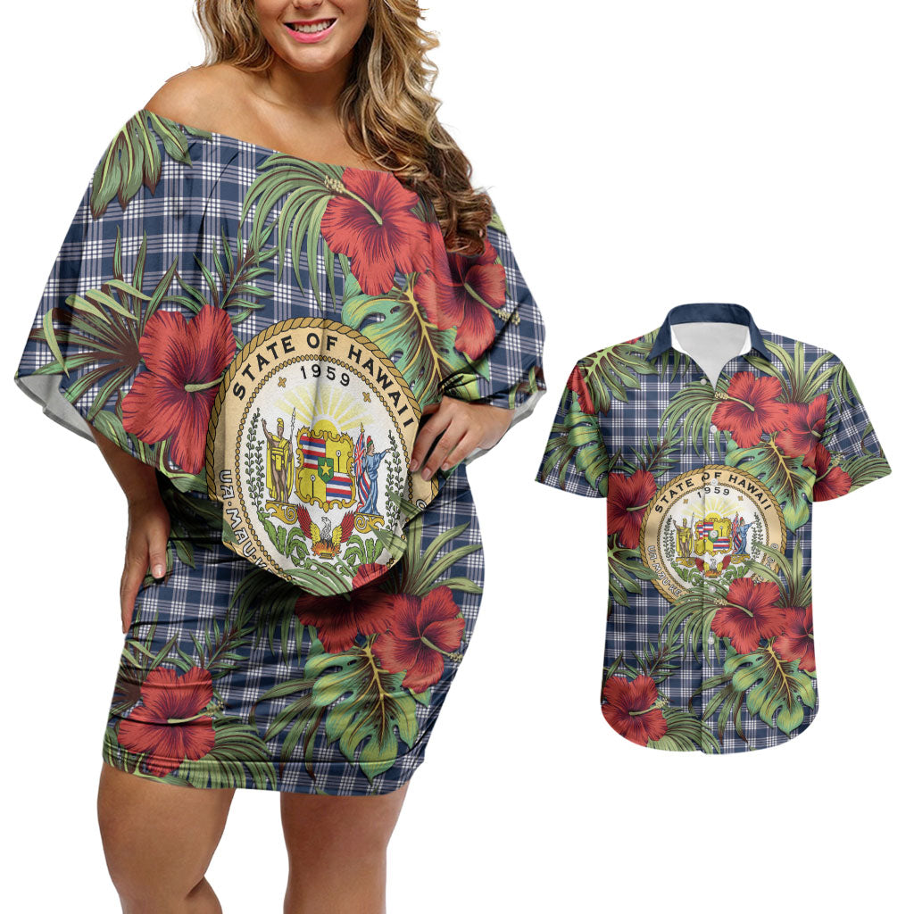 Vintage Hawaii Hibiscus Palaka Couples Matching Off Shoulder Short Dress and Hawaiian Shirt Navy Color LT19 Navy - Polynesian Pride