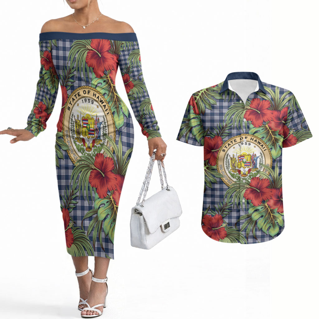 Vintage Hawaii Hibiscus Palaka Couples Matching Off The Shoulder Long Sleeve Dress and Hawaiian Shirt Navy Color LT19 Navy - Polynesian Pride