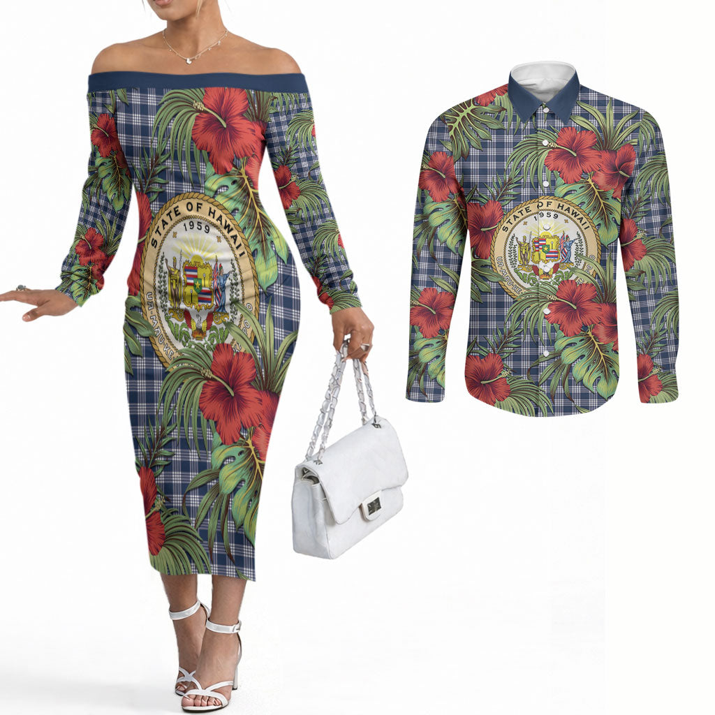 Vintage Hawaii Hibiscus Palaka Couples Matching Off The Shoulder Long Sleeve Dress and Long Sleeve Button Shirt Navy Color LT19 Navy - Polynesian Pride
