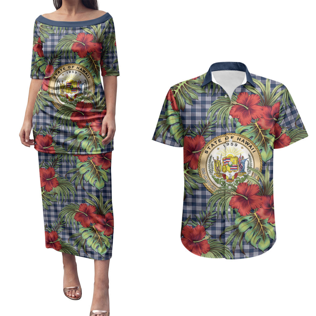 Vintage Hawaii Hibiscus Palaka Couples Matching Puletasi and Hawaiian Shirt Navy Color LT19 Navy - Polynesian Pride
