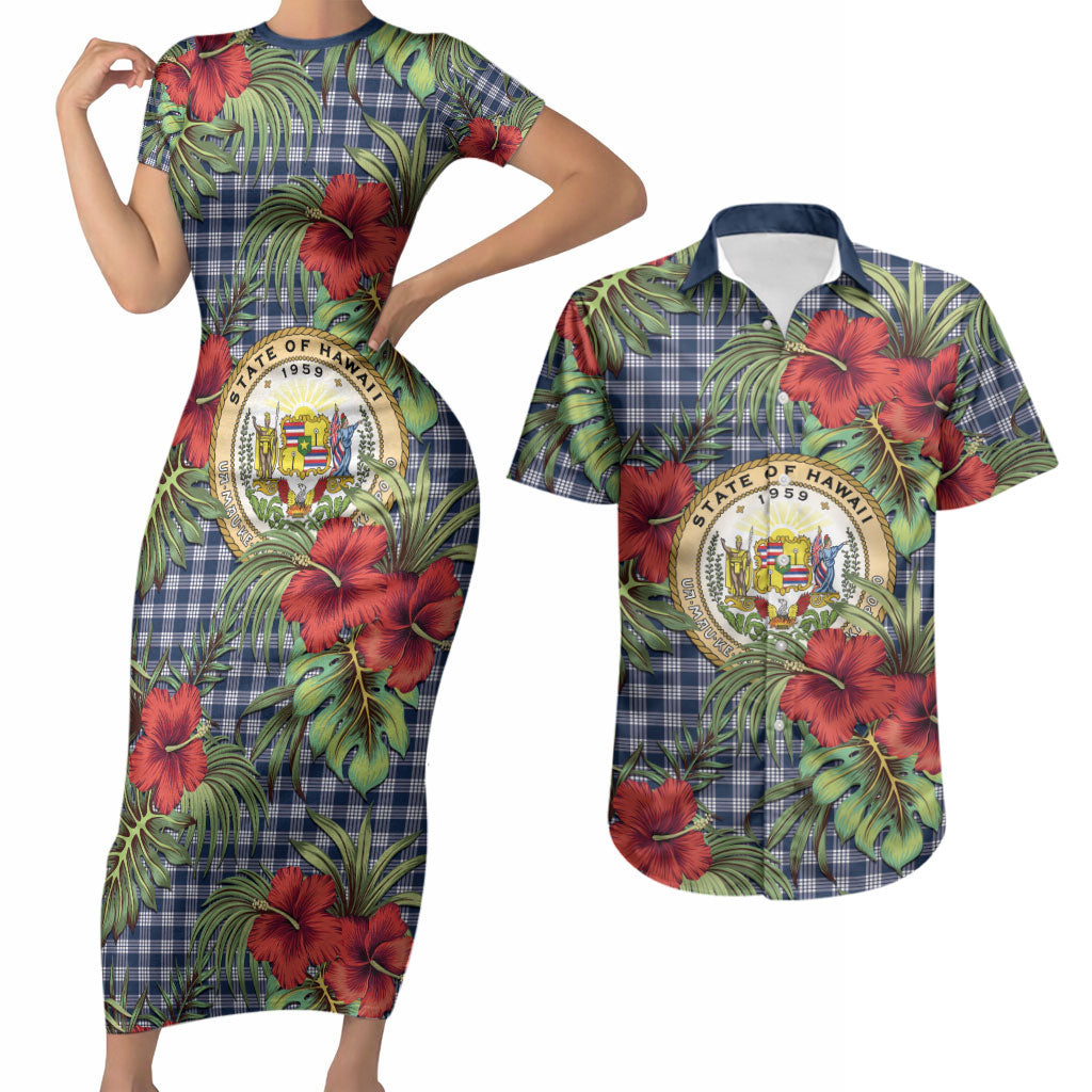 Vintage Hawaii Hibiscus Palaka Couples Matching Short Sleeve Bodycon Dress and Hawaiian Shirt Navy Color LT19 Navy - Polynesian Pride