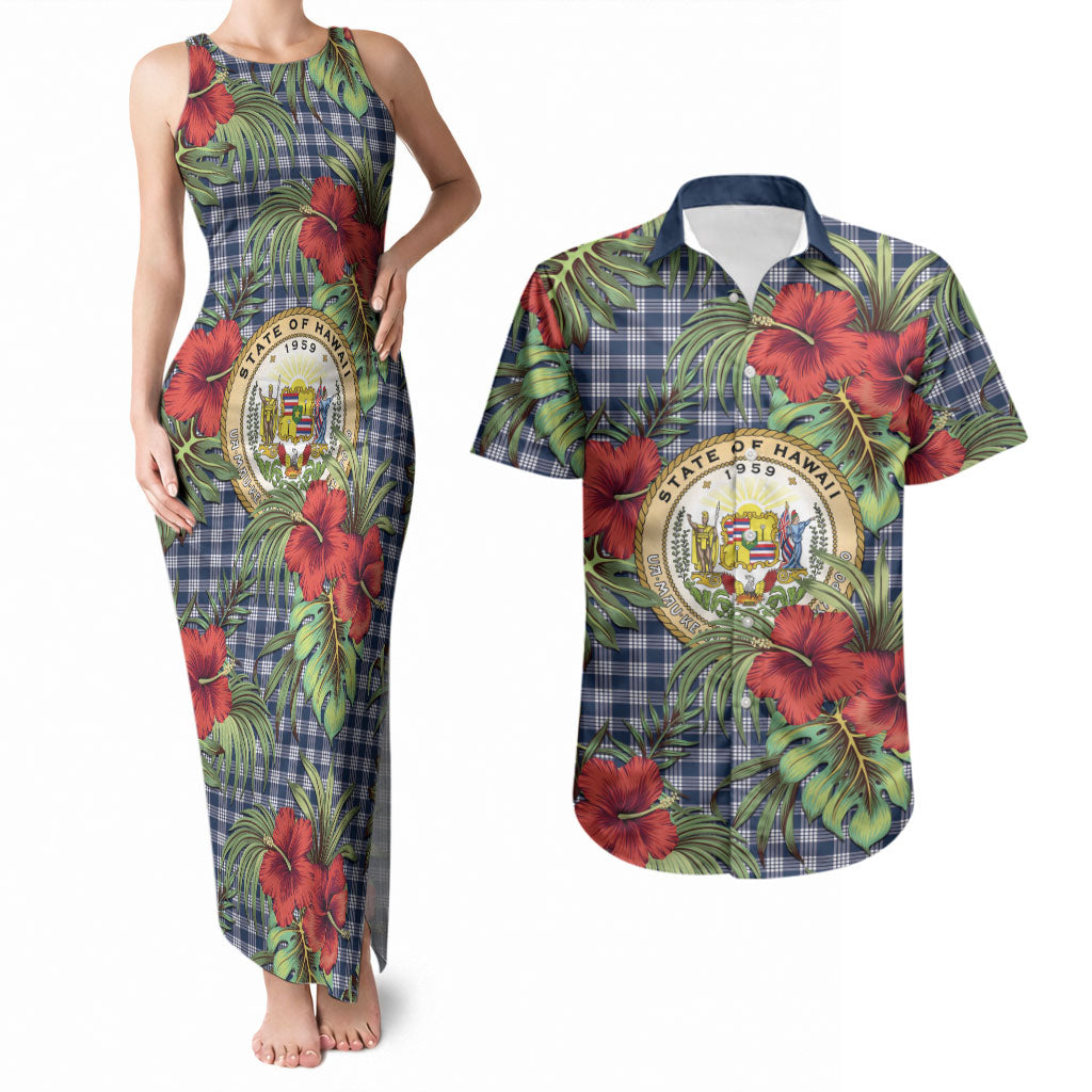Vintage Hawaii Hibiscus Palaka Couples Matching Tank Maxi Dress and Hawaiian Shirt Navy Color LT19 Navy - Polynesian Pride