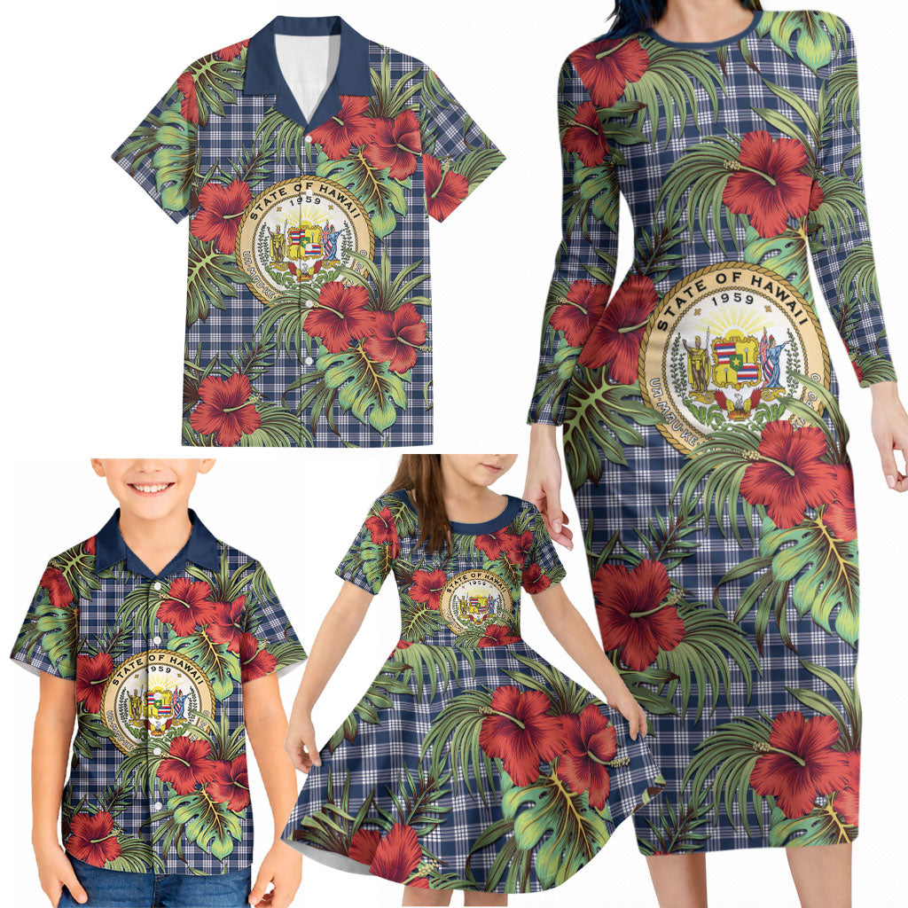 Vintage Hawaii Hibiscus Palaka Family Matching Long Sleeve Bodycon Dress and Hawaiian Shirt Navy Color LT19 - Polynesian Pride