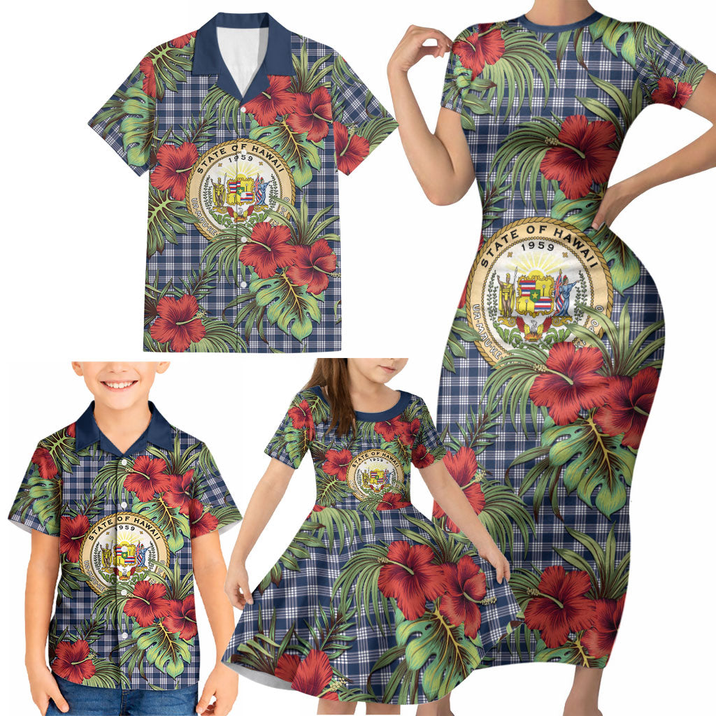 Vintage Hawaii Hibiscus Palaka Family Matching Short Sleeve Bodycon Dress and Hawaiian Shirt Navy Color LT19 - Polynesian Pride