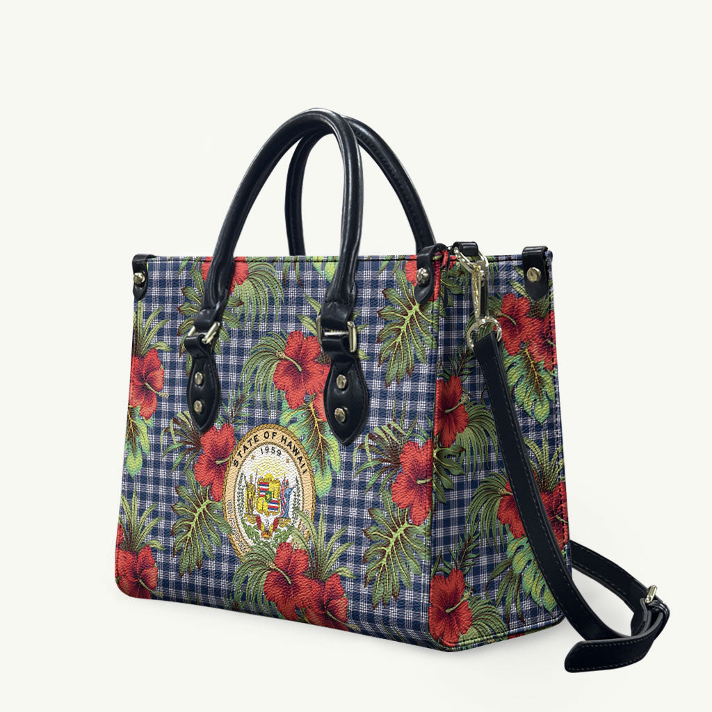 Vintage Hawaii Hibiscus Palaka Leather Bag Navy Color LT19 Navy - Polynesian Pride