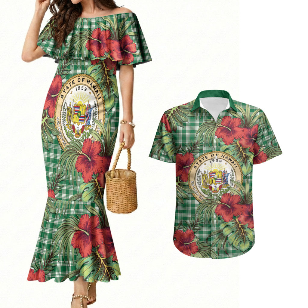 Vintage Hawaii Hibiscus Palaka Couples Matching Mermaid Dress and Hawaiian Shirt Green Color LT19 Green - Polynesian Pride