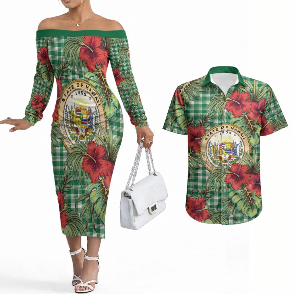 Vintage Hawaii Hibiscus Palaka Couples Matching Off The Shoulder Long Sleeve Dress and Hawaiian Shirt Green Color LT19 Green - Polynesian Pride