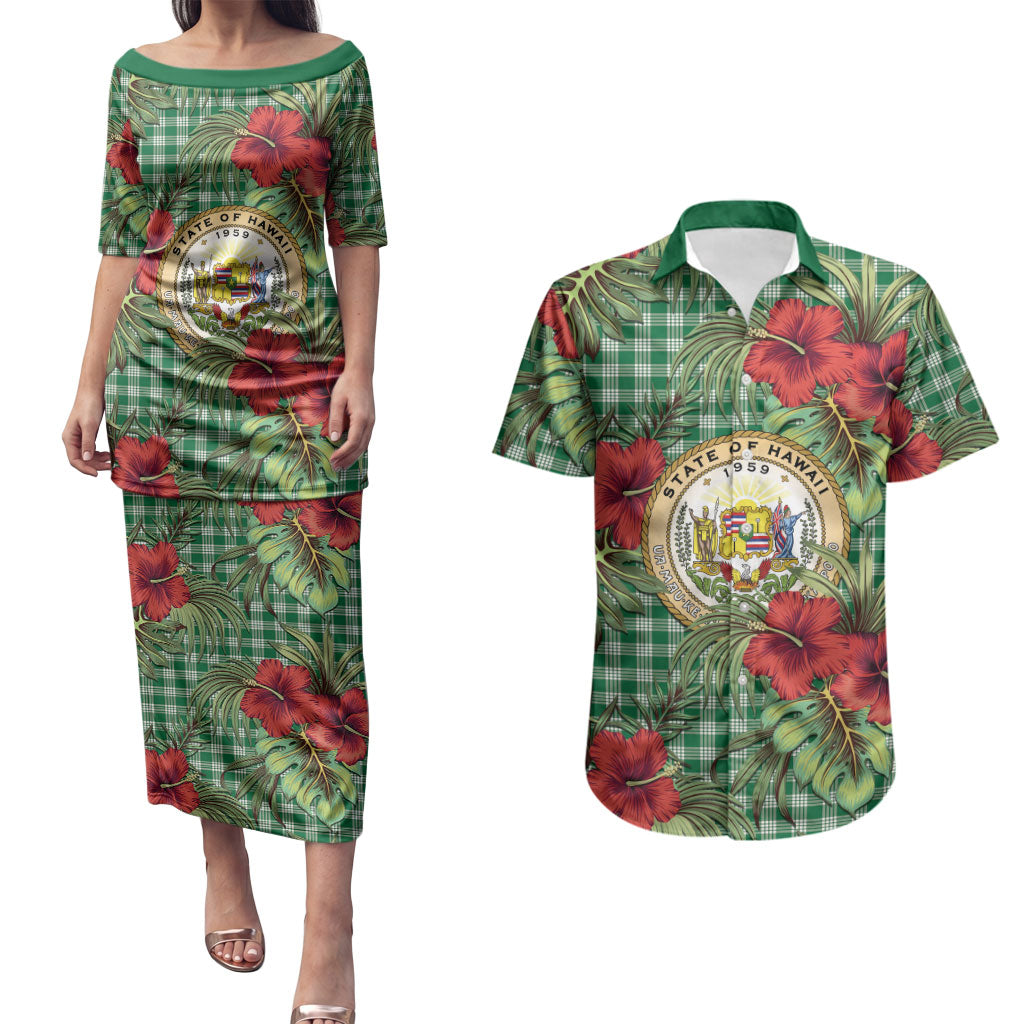 Vintage Hawaii Hibiscus Palaka Couples Matching Puletasi and Hawaiian Shirt Green Color LT19 Green - Polynesian Pride