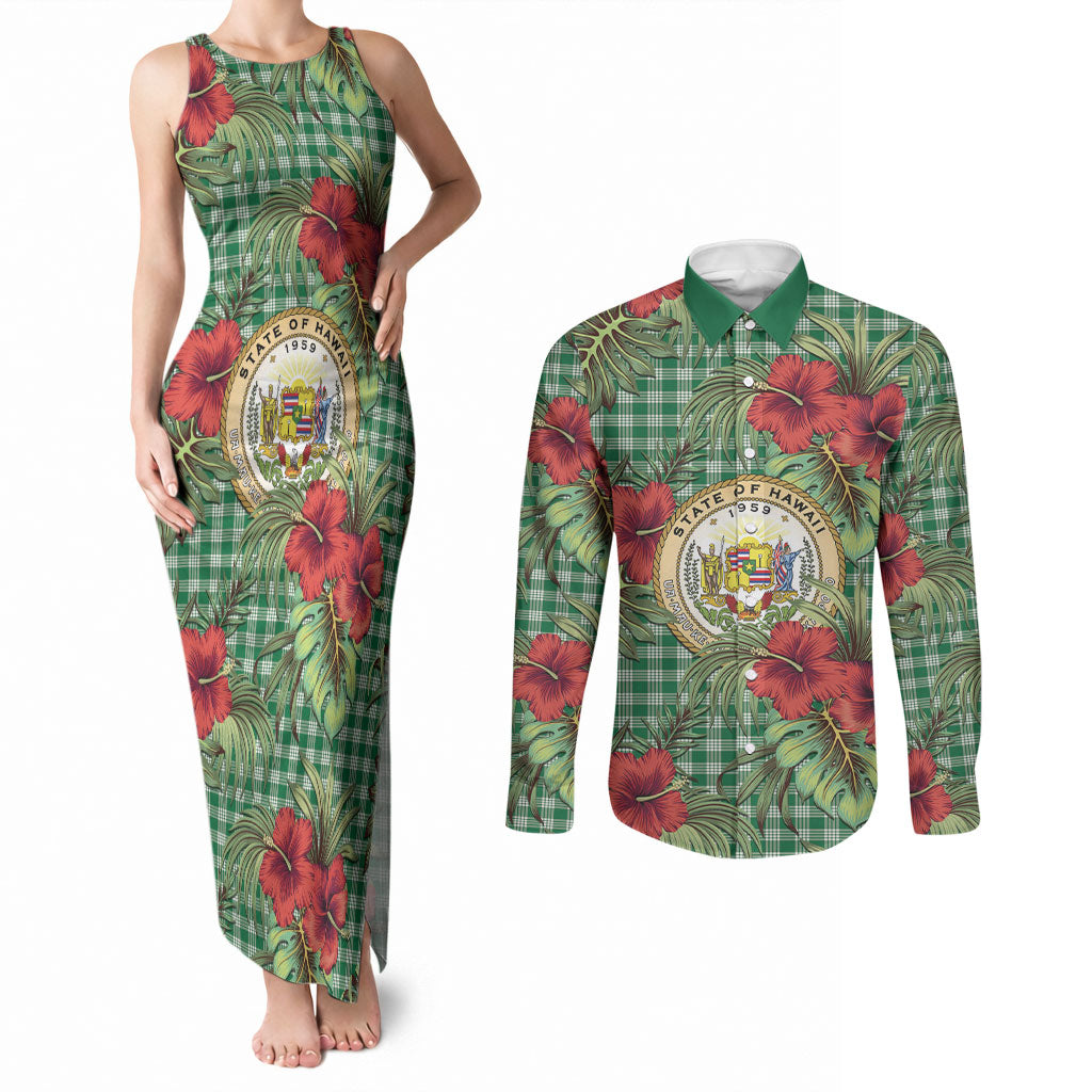 Vintage Hawaii Hibiscus Palaka Couples Matching Tank Maxi Dress and Long Sleeve Button Shirt Green Color LT19 Green - Polynesian Pride