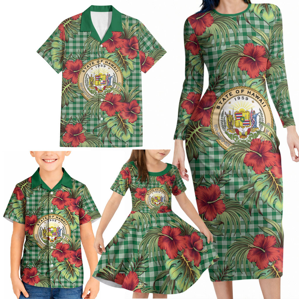 Vintage Hawaii Hibiscus Palaka Family Matching Long Sleeve Bodycon Dress and Hawaiian Shirt Green Color LT19 - Polynesian Pride