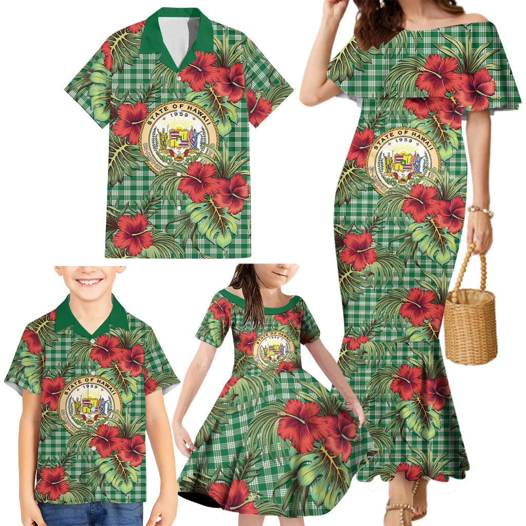 Vintage Hawaii Hibiscus Palaka Family Matching Mermaid Dress and Hawaiian Shirt Green Color