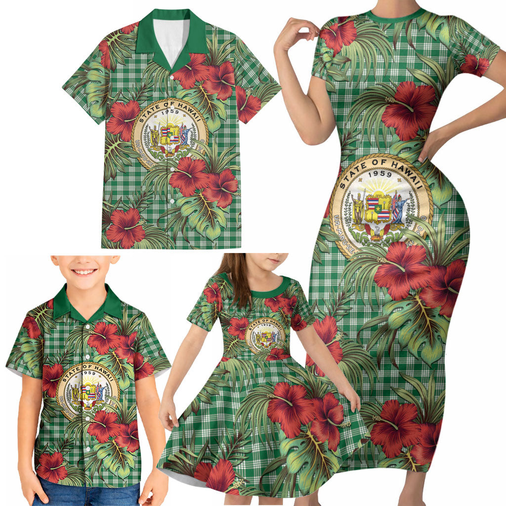 Vintage Hawaii Hibiscus Palaka Family Matching Short Sleeve Bodycon Dress and Hawaiian Shirt Green Color LT19 - Polynesian Pride