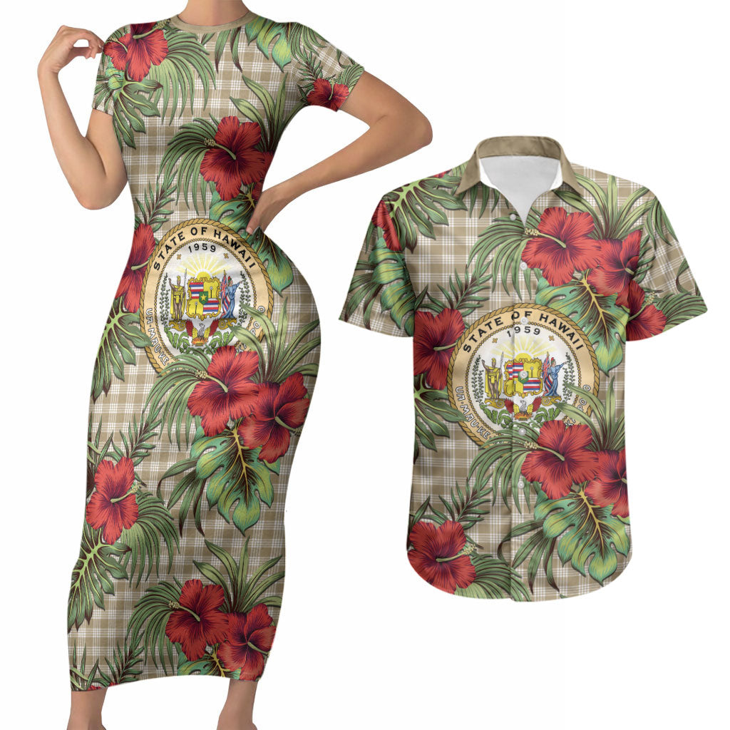 Vintage Hawaii Hibiscus Palaka Couples Matching Short Sleeve Bodycon Dress and Hawaiian Shirt Khaki Color LT19 Khaki - Polynesian Pride