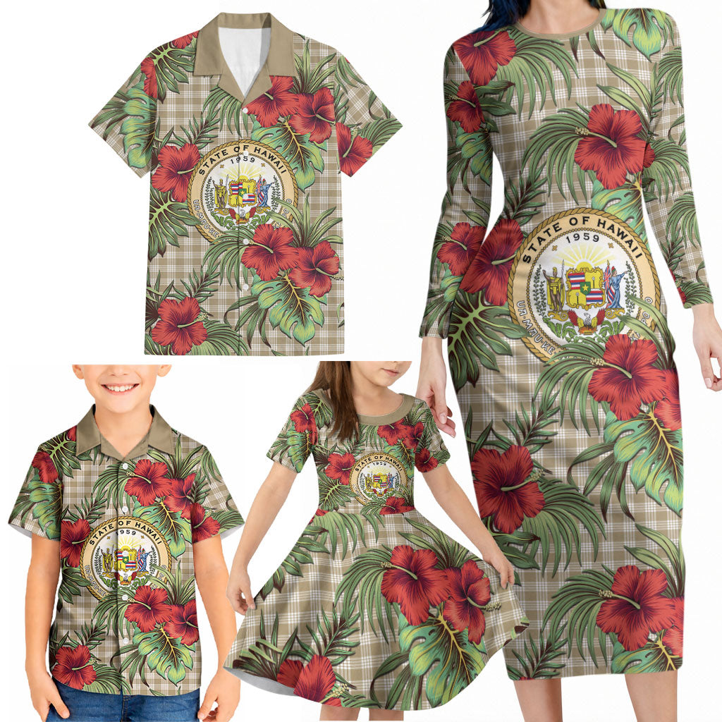Vintage Hawaii Hibiscus Palaka Family Matching Long Sleeve Bodycon Dress and Hawaiian Shirt Khaki Color LT19 - Polynesian Pride