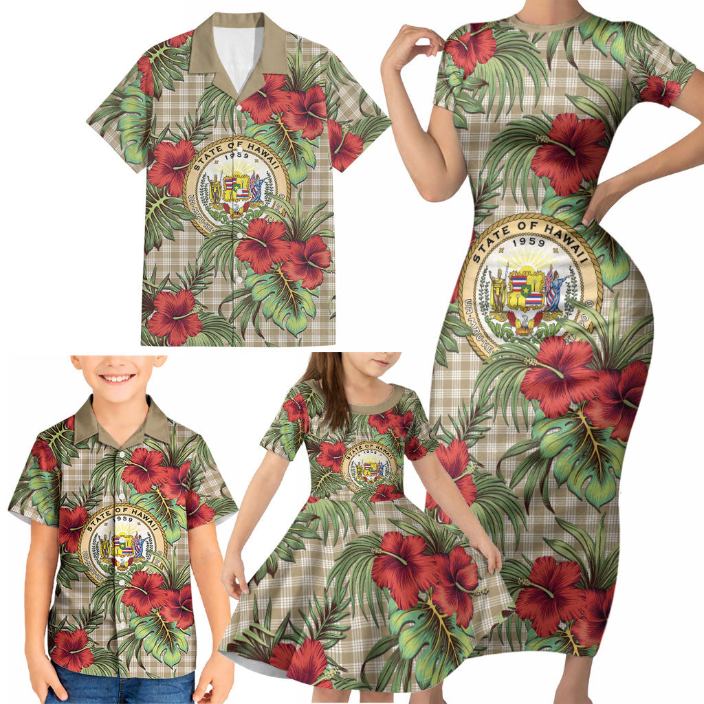 Vintage Hawaii Hibiscus Palaka Family Matching Short Sleeve Bodycon Dress and Hawaiian Shirt Khaki Color LT19 - Polynesian Pride