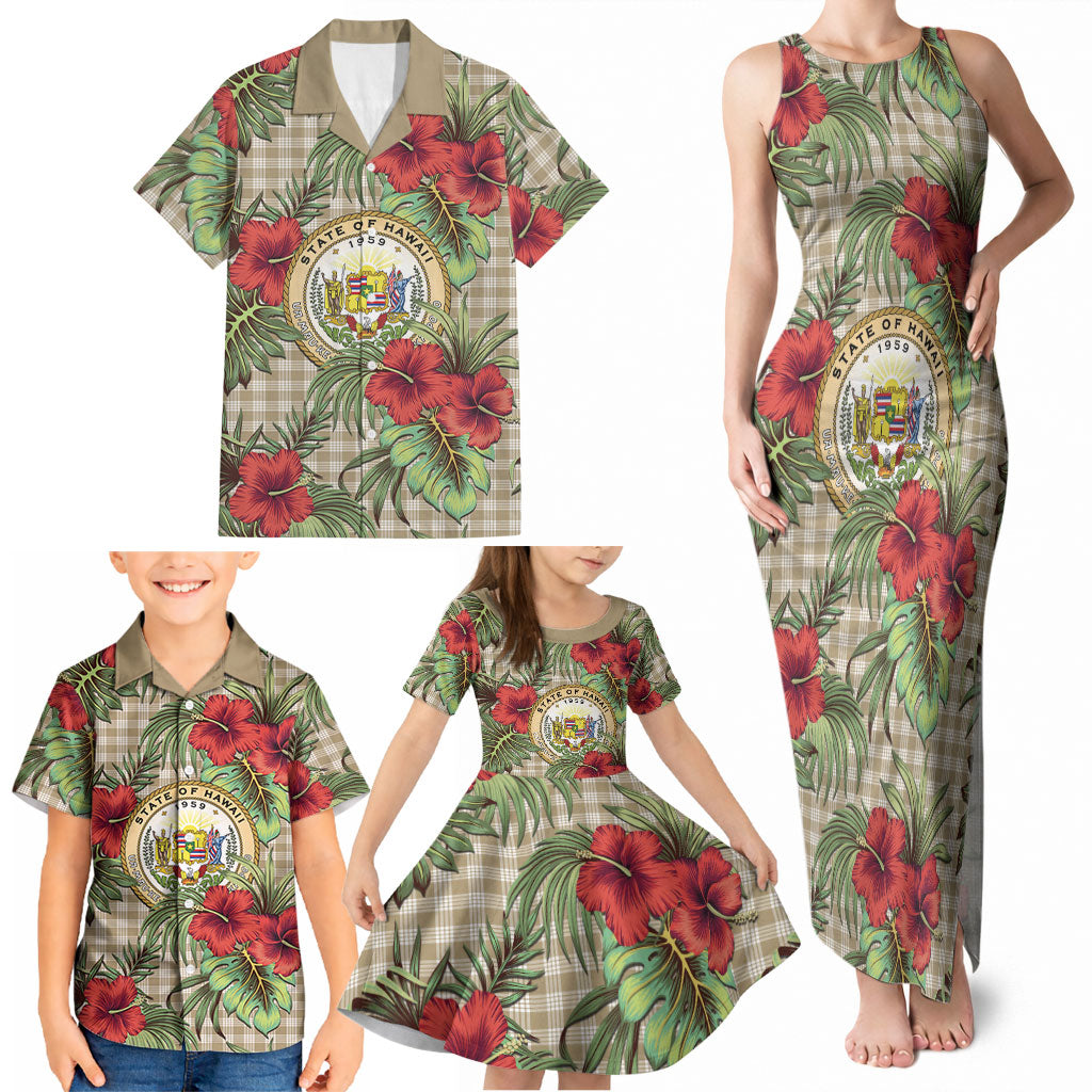 Vintage Hawaii Hibiscus Palaka Family Matching Tank Maxi Dress and Hawaiian Shirt Khaki Color LT19 - Polynesian Pride