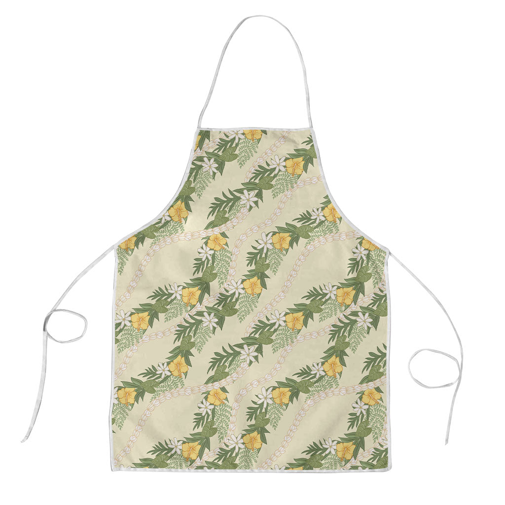 Hawaiian Pikake Maile Lei Apron Tiare Hibiscus Kalo Palapalai Leaf Beige