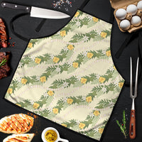 Hawaiian Pikake Maile Lei Apron Tiare Hibiscus Kalo Palapalai Leaf Beige