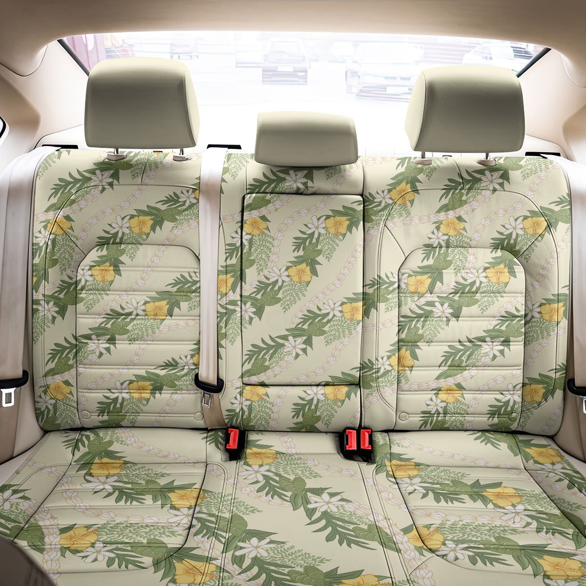 Hawaiian Pikake Maile Lei Back Car Seat Cover Tiare Hibiscus Kalo Palapalai Leaf Beige LT19 - Polynesian Pride