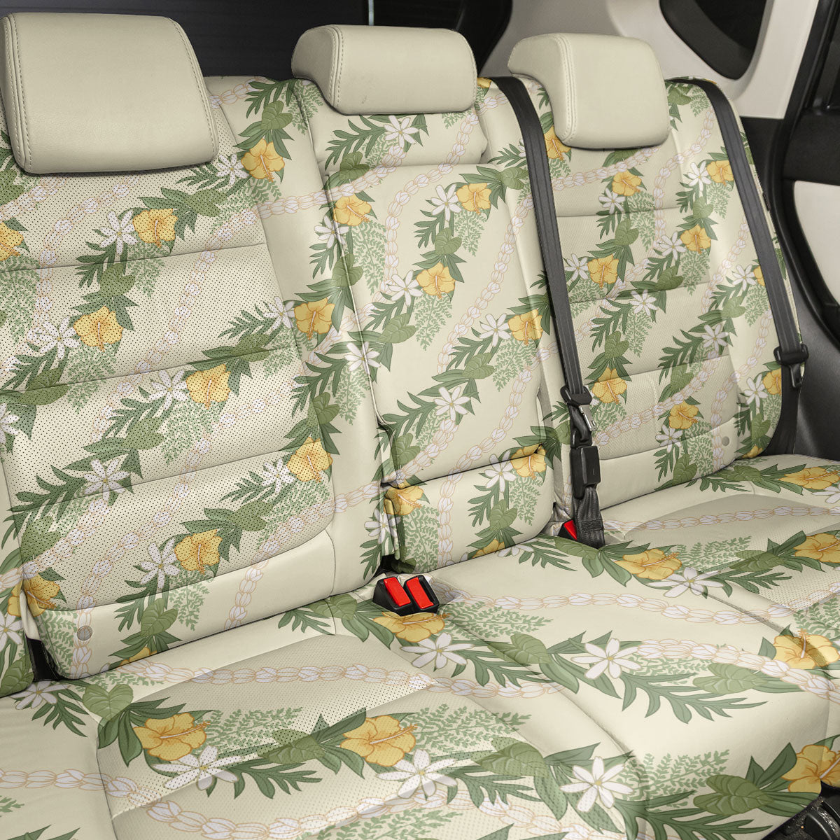 Hawaiian Pikake Maile Lei Back Car Seat Cover Tiare Hibiscus Kalo Palapalai Leaf Beige LT19 - Polynesian Pride