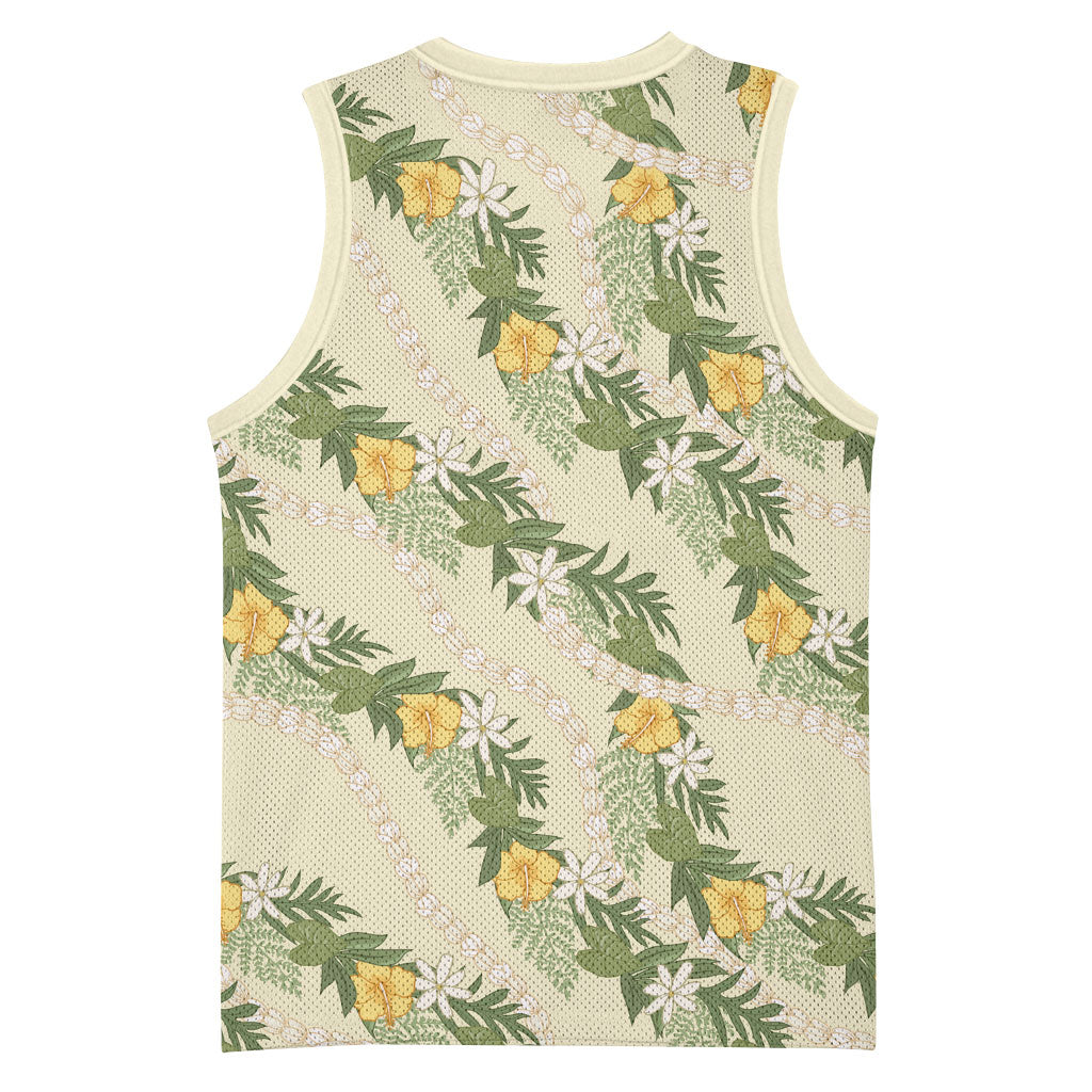 Hawaiian Pikake Maile Lei Basketball Jersey Tiare Hibiscus Kalo Palapalai Leaf Beige LT19 - Polynesian Pride