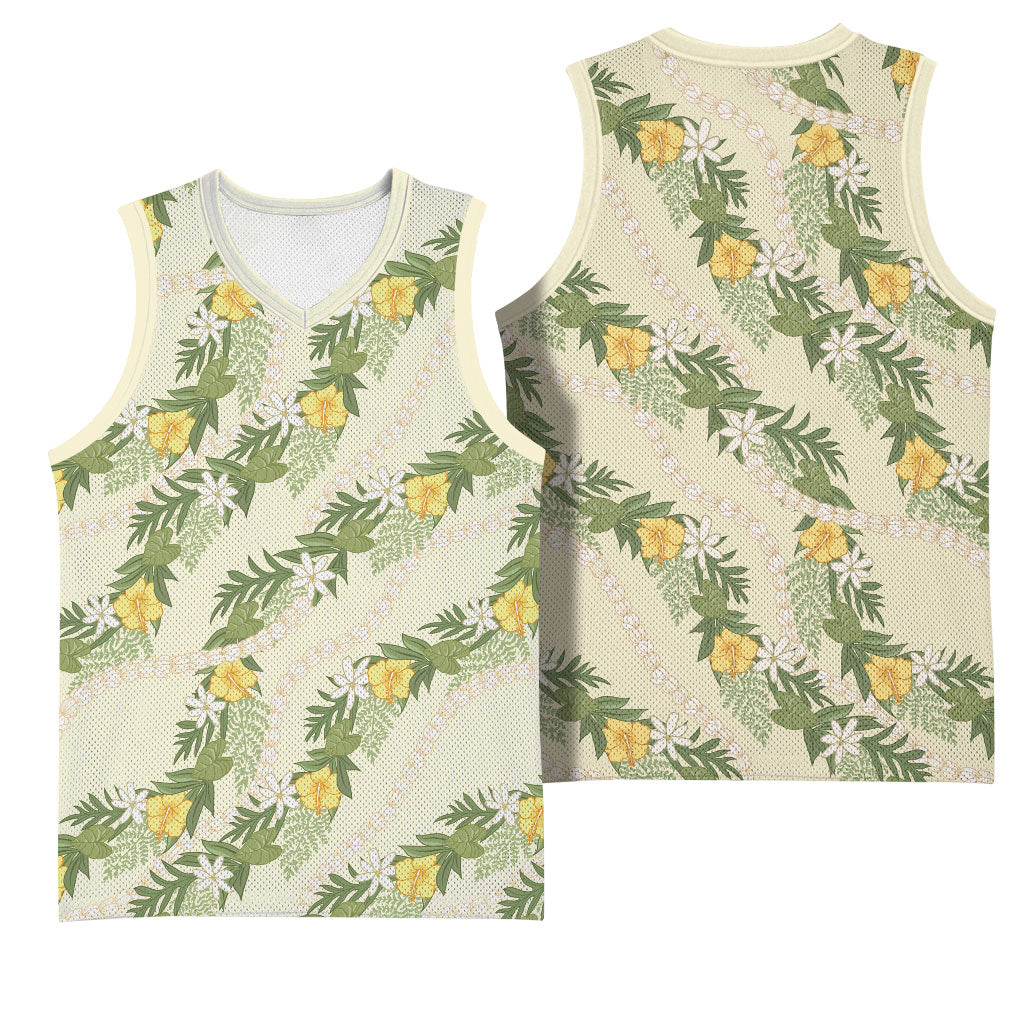 Hawaiian Pikake Maile Lei Basketball Jersey Tiare Hibiscus Kalo Palapalai Leaf Beige LT19 - Polynesian Pride