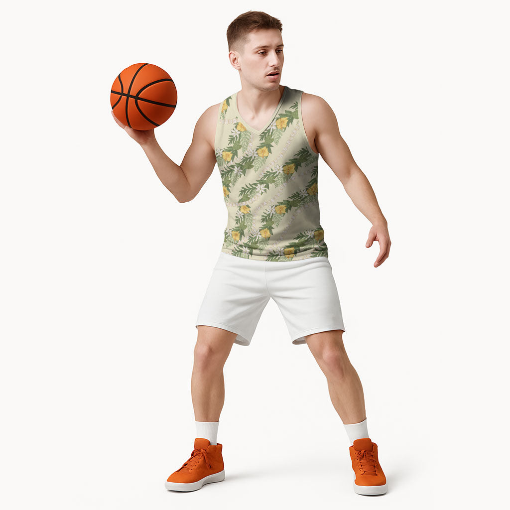 Hawaiian Pikake Maile Lei Basketball Jersey Tiare Hibiscus Kalo Palapalai Leaf Beige LT19 - Polynesian Pride