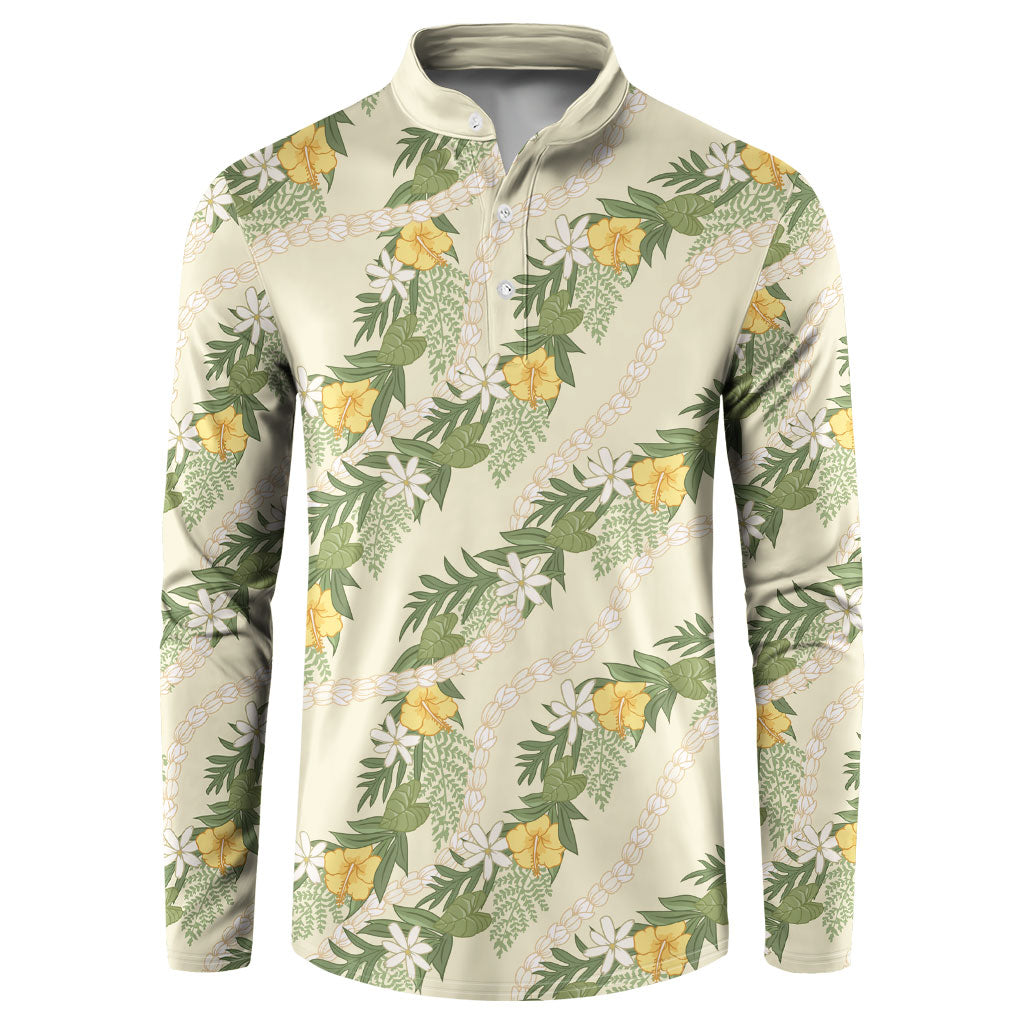 Hawaiian Pikake Maile Lei Button Sweatshirt Tiare Hibiscus Kalo Palapalai Leaf Beige