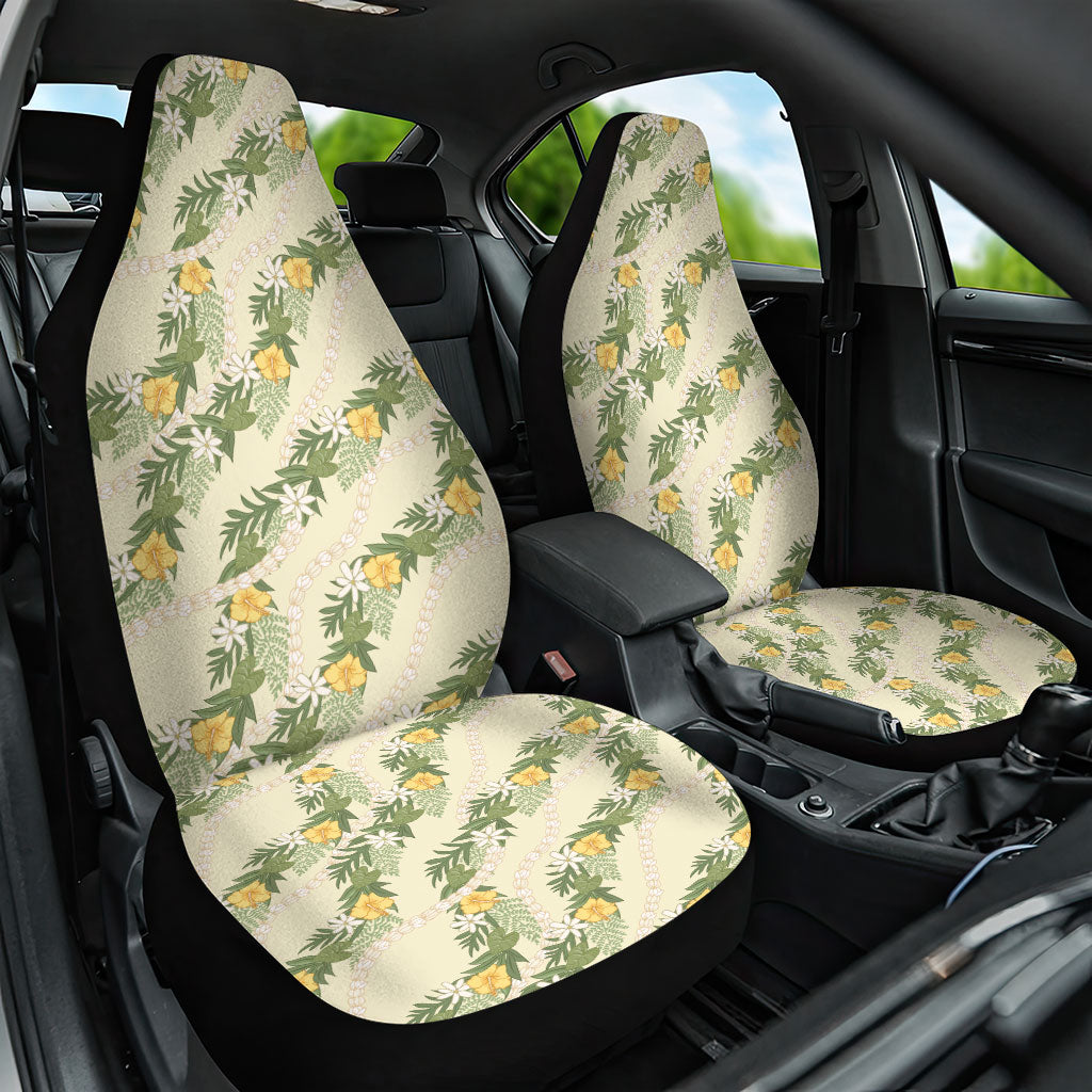 Hawaiian Pikake Maile Lei Car Seat Cover Tiare Hibiscus Kalo Palapalai Leaf Beige LT19 One Size Beige - Polynesian Pride