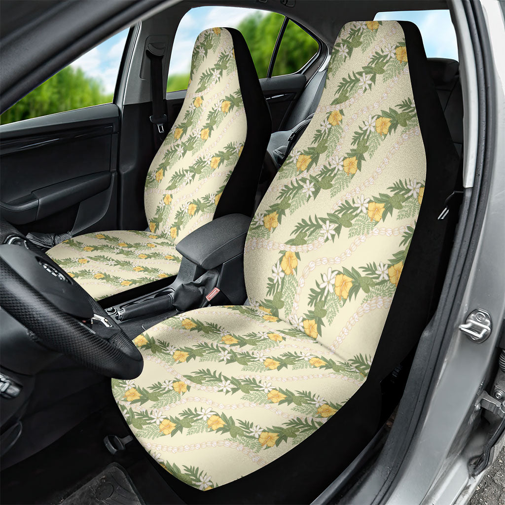 Hawaiian Pikake Maile Lei Car Seat Cover Tiare Hibiscus Kalo Palapalai Leaf Beige LT19 - Polynesian Pride