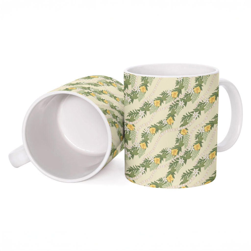 Hawaiian Pikake Maile Lei Ceramic Mug Tiare Hibiscus Kalo Palapalai Leaf Beige LT19 - Polynesian Pride