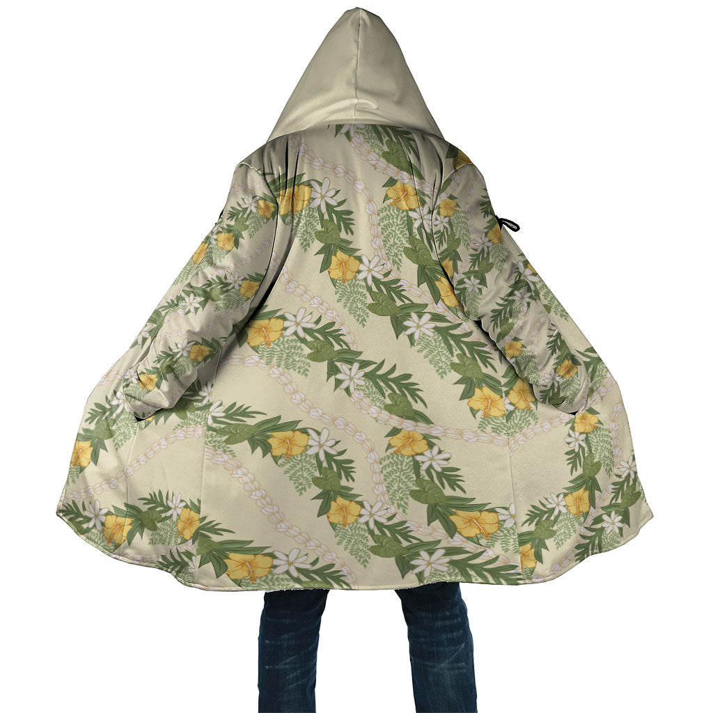 Hawaiian Pikake Maile Lei Cloak Tiare Hibiscus Kalo Palapalai Leaf Beige
