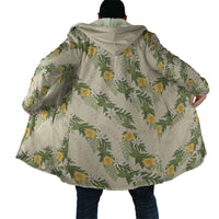 Hawaiian Pikake Maile Lei Cloak Tiare Hibiscus Kalo Palapalai Leaf Beige