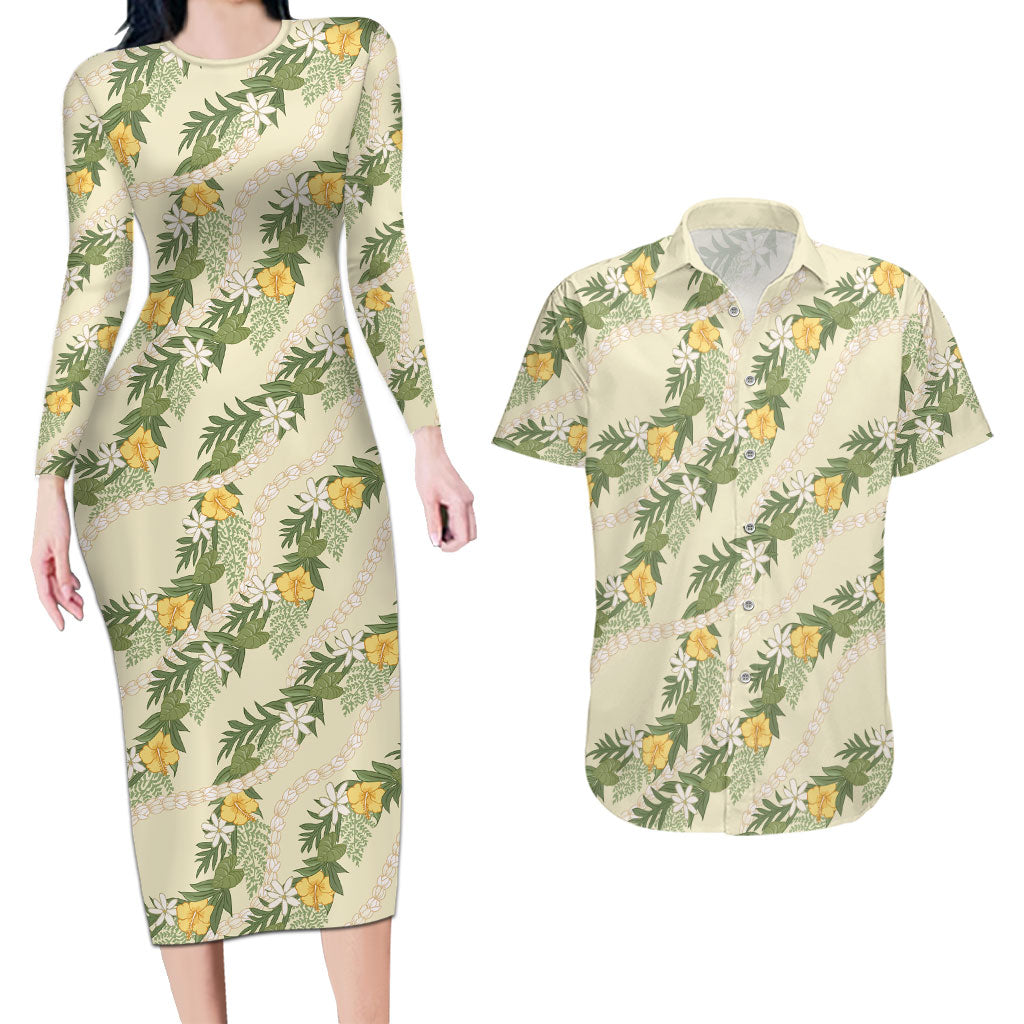 Hawaiian Pikake Maile Lei Couples Matching Long Sleeve Bodycon Dress and Hawaiian Shirt Tiare Hibiscus Kalo Palapalai Leaf Beige