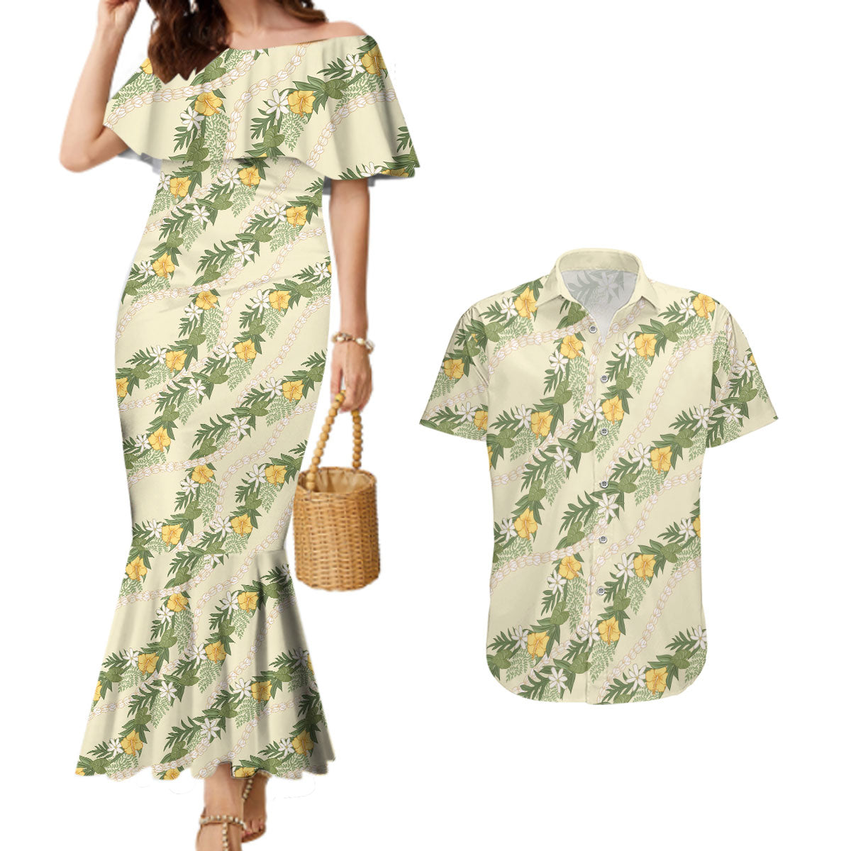 Hawaiian Pikake Maile Lei Couples Matching Mermaid Dress and Hawaiian Shirt Tiare Hibiscus Kalo Palapalai Leaf Beige