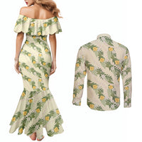 Hawaiian Pikake Maile Lei Couples Matching Mermaid Dress and Long Sleeve Button Shirt Tiare Hibiscus Kalo Palapalai Leaf Beige