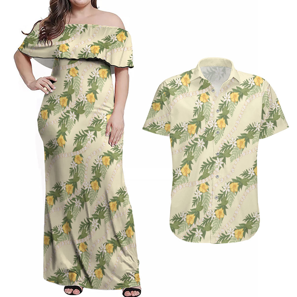 Hawaiian Pikake Maile Lei Couples Matching Off Shoulder Maxi Dress and Hawaiian Shirt Tiare Hibiscus Kalo Palapalai Leaf Beige
