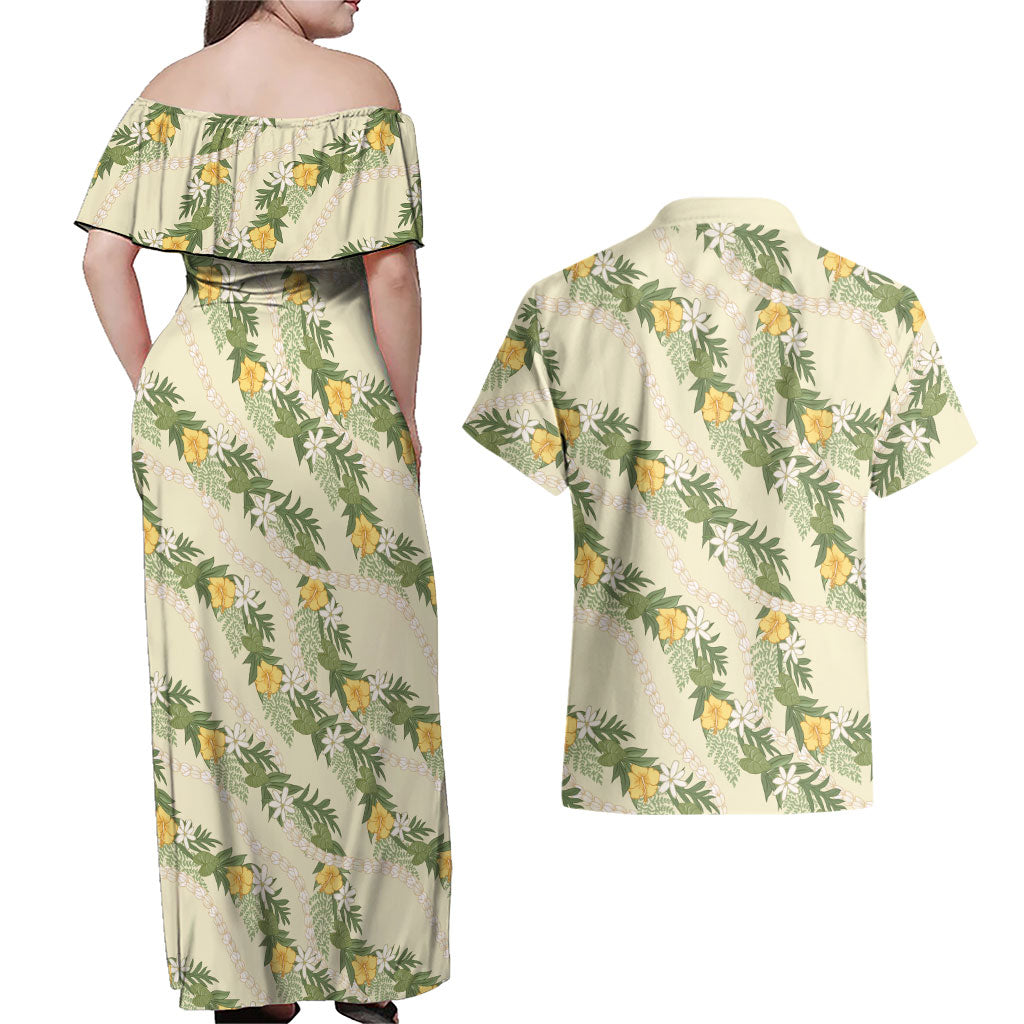 Hawaiian Pikake Maile Lei Couples Matching Off Shoulder Maxi Dress and Hawaiian Shirt Tiare Hibiscus Kalo Palapalai Leaf Beige