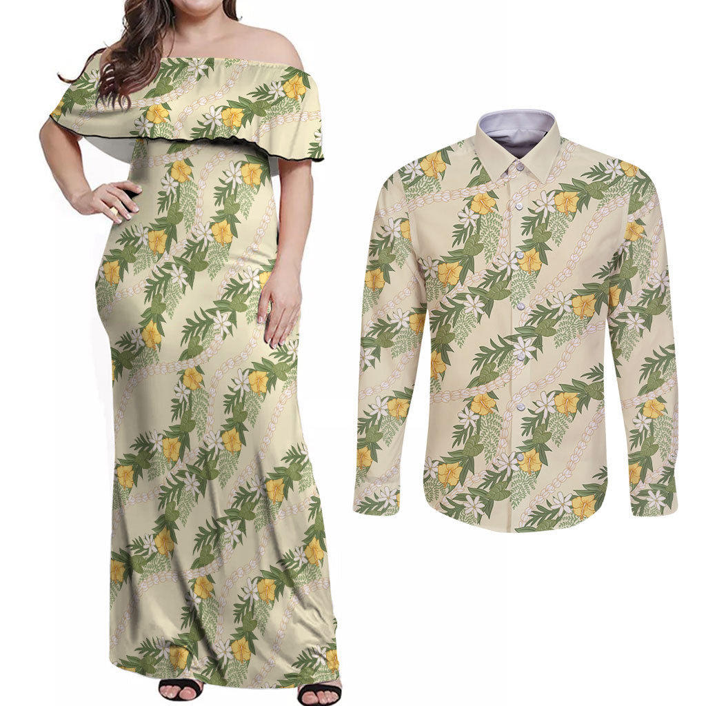 Hawaiian Pikake Maile Lei Couples Matching Off Shoulder Maxi Dress and Long Sleeve Button Shirt Tiare Hibiscus Kalo Palapalai Leaf Beige