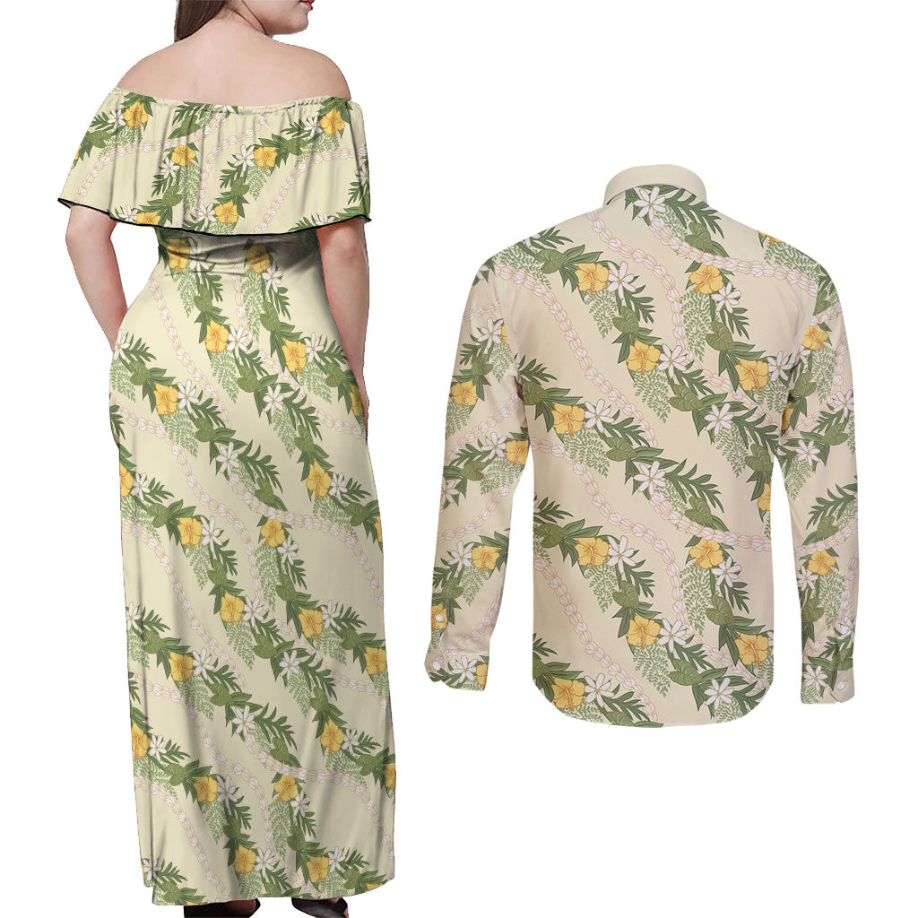 Hawaiian Pikake Maile Lei Couples Matching Off Shoulder Maxi Dress and Long Sleeve Button Shirt Tiare Hibiscus Kalo Palapalai Leaf Beige