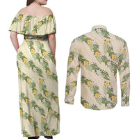 Hawaiian Pikake Maile Lei Couples Matching Off Shoulder Maxi Dress and Long Sleeve Button Shirt Tiare Hibiscus Kalo Palapalai Leaf Beige