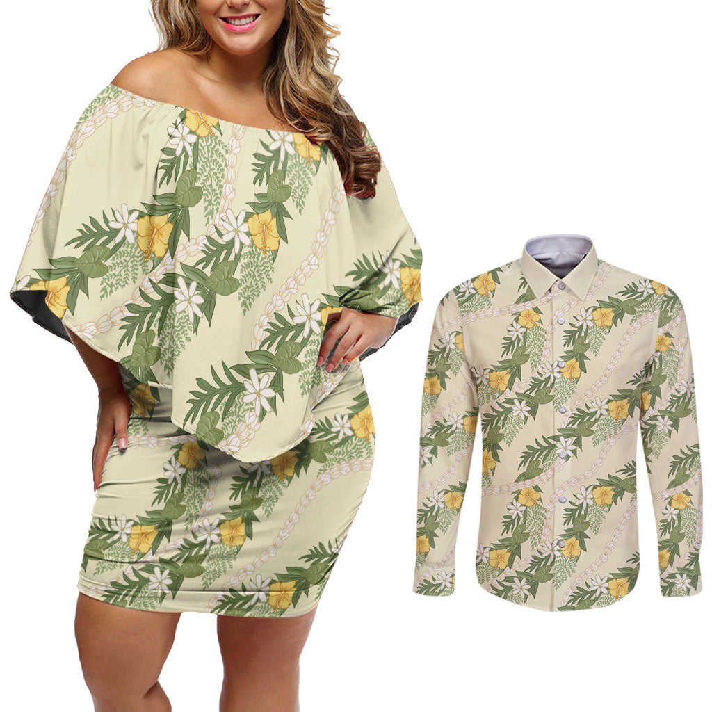 Hawaiian Pikake Maile Lei Couples Matching Off Shoulder Short Dress and Long Sleeve Button Shirt Tiare Hibiscus Kalo Palapalai Leaf Beige