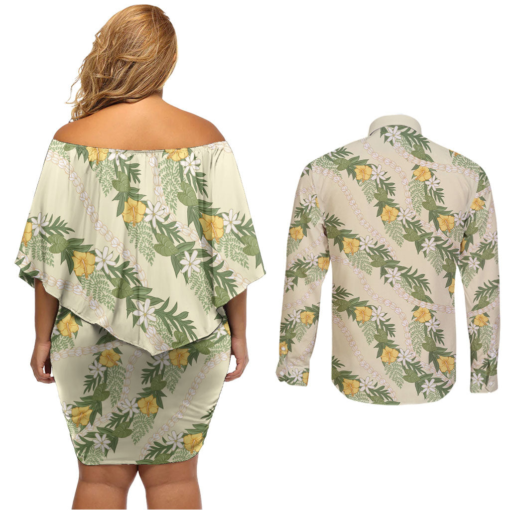 Hawaiian Pikake Maile Lei Couples Matching Off Shoulder Short Dress and Long Sleeve Button Shirt Tiare Hibiscus Kalo Palapalai Leaf Beige