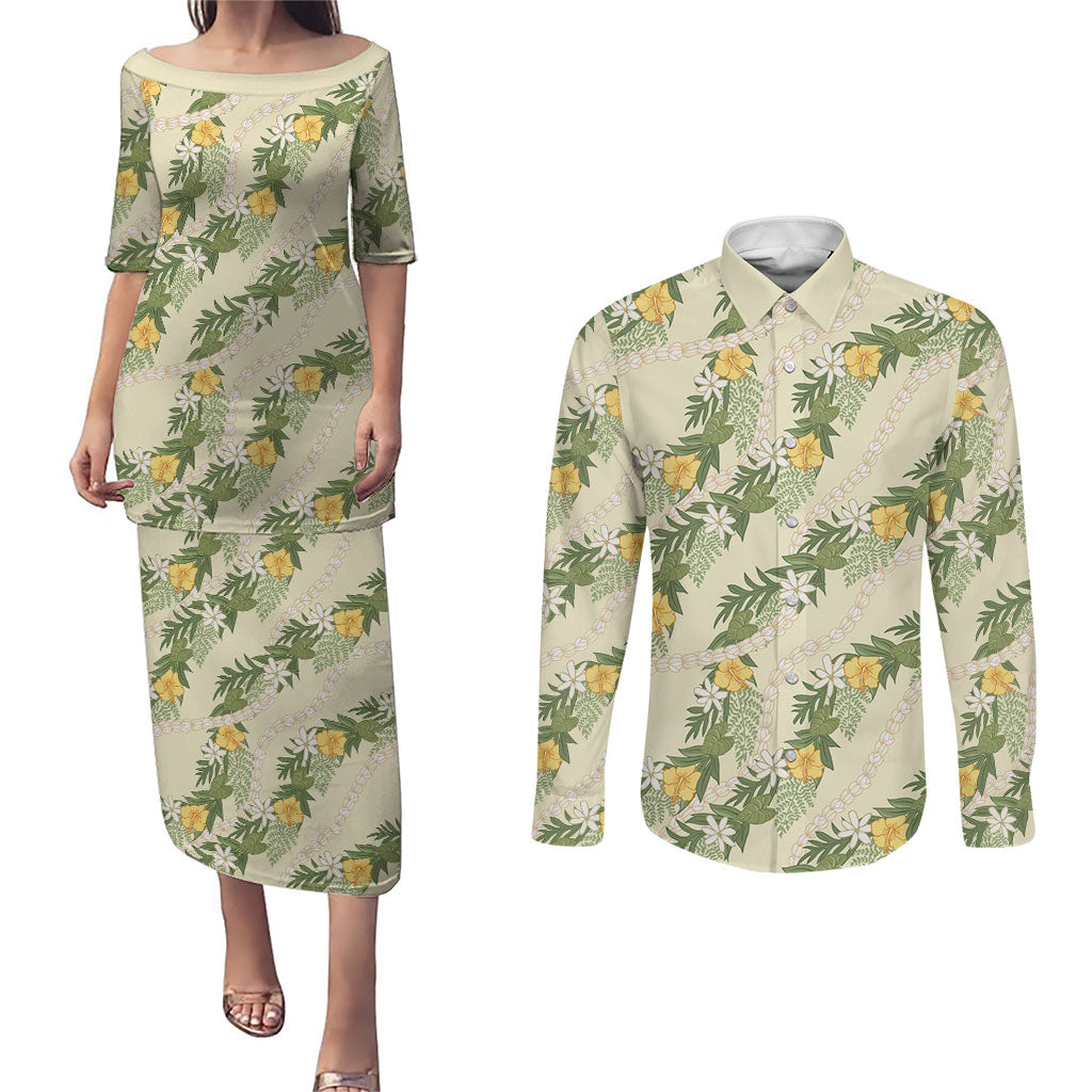 Hawaiian Pikake Maile Lei Couples Matching Puletasi and Long Sleeve Button Shirt Tiare Hibiscus Kalo Palapalai Leaf Beige